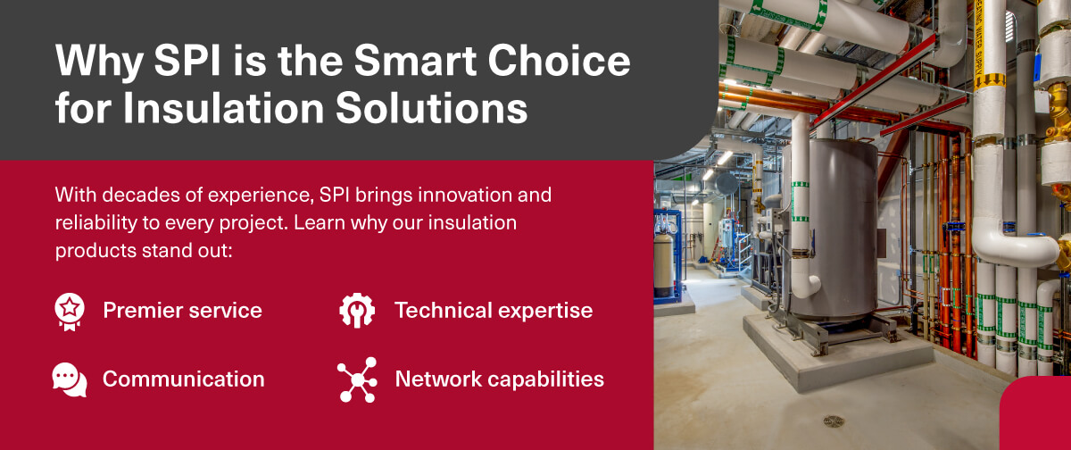 Text reads "Why SPI is the Smart Choice for Insulation Solutions: With decades of experience, SPI brings innovation and reliability to every project. Learn why our insulation products stand out: -Premier service - Communication - Technical expertise - Network capabalities"